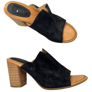 Born Black Suede Peep Toe Mule Stacked Heel Womens 8 Slip On Boho Comfort Shoes